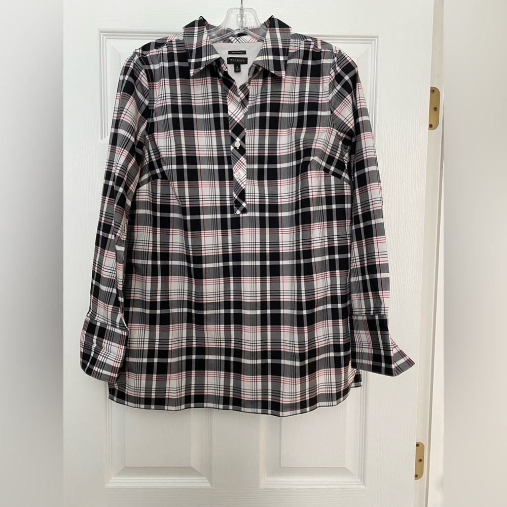 Talbots Black, Red, and White plaid popover office shirt
